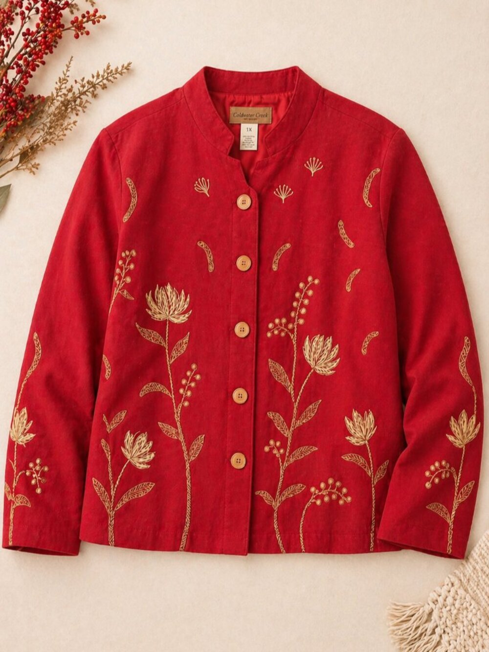 Coldwater Creek Red Embroidered Jacket 1X Mandarin Collar Floral Boho Artsy